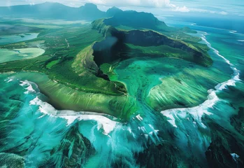 Fotobehang Le Morne, Mauritius Aerial view of Le Morne Mountain on Mauritius island, in the center is an archway formed by a coral reef 