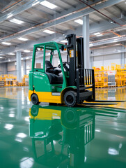 Warehouse work on a green forklift in a warehouse with high shelving.