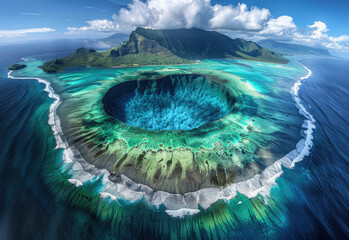 Aerial view of Le Morne Mountain on Mauritius island, in the center is an archway formed by a coral reef 
