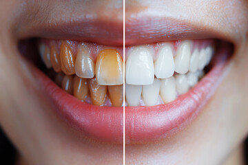 male open mouth with smile with healthy white teeth before and after dental whitening procedure, caries treatment