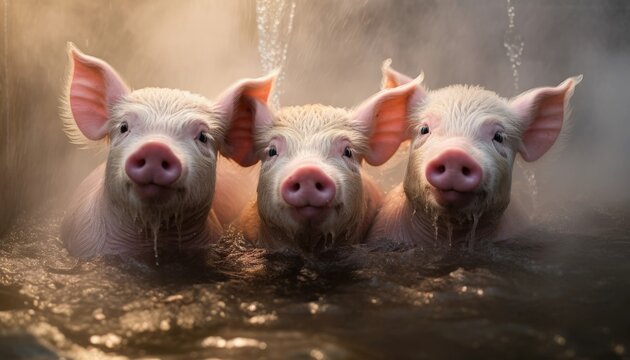 Three young pigs who with watchfulness look.