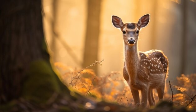 A young deer in its natural habitat looks curiously at the camera.