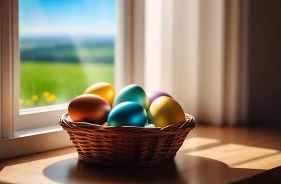 Colorful Easter eggs in a basket on a spring day near the window with the rays of the sun. The concept is a Christian holiday.