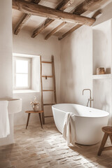Bathroom in an old Italian farmhouse, with white walls and wood beams on ceiling, terracotta tiles on floor, a freestanding bathtub with a wooden ladder leaning against a wall to the left side of tube