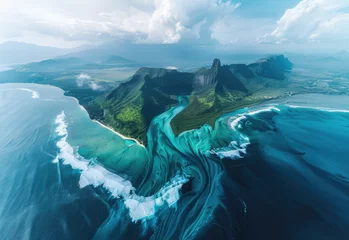 Photo sur Plexiglas Le Morne, Maurice Aerial view of Le Morne Mountain on Mauritius island, in the center is an archway formed by a coral reef 