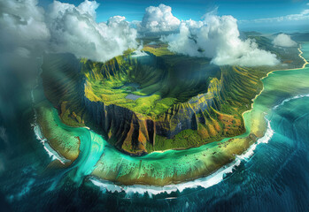 Aerial view of Le Morne Mountain on Mauritius island, in the center is an archway formed by a coral reef 