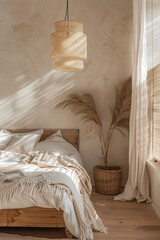 Fototapeta na wymiar A bedroom with wabi sabi style, neutral tones, linen bed cover and blanket on wood frame bed, wooden floors, rattan pendant light hanging from the ceiling, sunlight coming through the window.