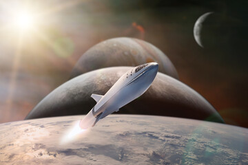 Starship taking off on a mission on background of alien planets in the outer space. Elements of...