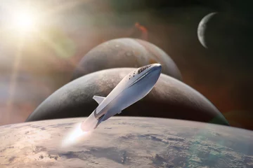 Foto op Canvas Starship taking off on a mission on background of alien planets in the outer space. Elements of this image furnished by NASA. © Paopano