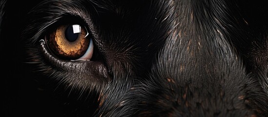 A closeup of a black carnivores eye in the darkness, showcasing its whiskers and fur. This terrestrial animal belongs to the Felidae family, known for small to mediumsized cats - obrazy, fototapety, plakaty