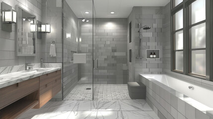 A contemporary bathroom with a monochromatic color scheme, featuring gray tile walls, a floating vanity with a marble countertop, and a walk-in shower with glass doors - obrazy, fototapety, plakaty