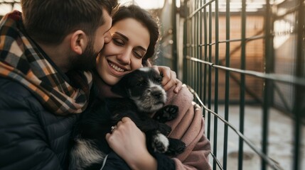 Capture the couple visiting an animal shelter and adopting a furry friend to bring home - obrazy, fototapety, plakaty