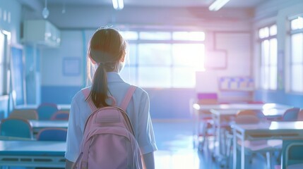 Back view of school girl with backpack standing in classroom. Back to school concept. - obrazy, fototapety, plakaty