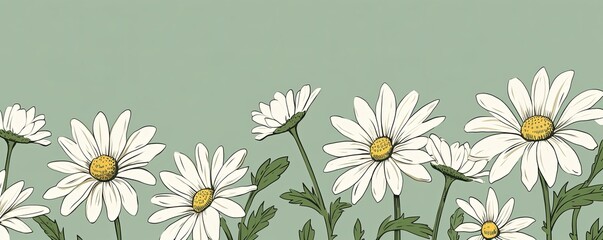 Daisy pattern, hand draw, simple line, green and khaki.