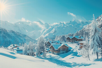 Beautiful winter landscape of ski resort village in the Alps with snowcovered mountains and...