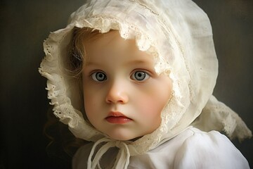 A baby wearing a white scarf is looking at the camera. The scarf is covering the baby's face, making it difficult to see the baby's features. The image has a mysterious and somewhat eerie mood