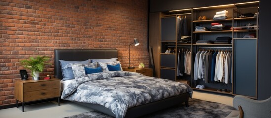 A cozy bedroom in a building featuring a comfortable bed, nightstand, and closet. The brick wall adds character to the hardwood flooring and furniture