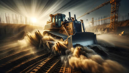 Bulldozer on the construction site. Tracked machine with excavation - obrazy, fototapety, plakaty