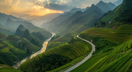 A panoramic view of terraced rice fields in Vietnam, with the winding river flowing through them and lush greenery on mountainsides