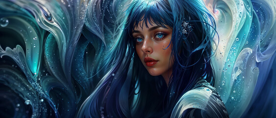 Mythical siren princess with blue eyes and alluring ethereal grace, bewitching beauty and her long wavy hair flows with the ocean waters - fantasy role playing female portrait. - obrazy, fototapety, plakaty