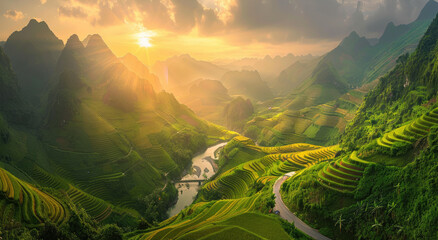 A panoramic view of terraced rice fields in Vietnam, with the winding river flowing through them and lush greenery on mountainsides