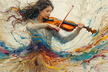 Rhythmic Beauty: Musician with Instrument and Swirling Musical Notes
