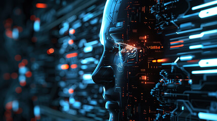 Side profile of a futuristic AI robot face with abstract background