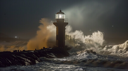 Stormy sea with large waves crashing against a lighthouse at night.
