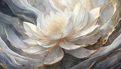 Abstract white flowers on a marble luxury background with golden details. Beautiful decorative wallpaper.
