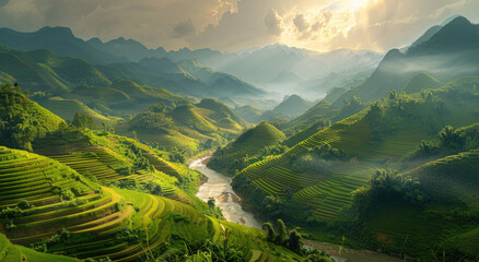 A panoramic view of terraced rice fields in Vietnam, with the winding river flowing through them and lush greenery on mountainsides - obrazy, fototapety, plakaty