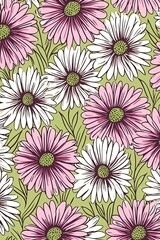 Daisy pattern, hand draw, simple line, green and magenta
