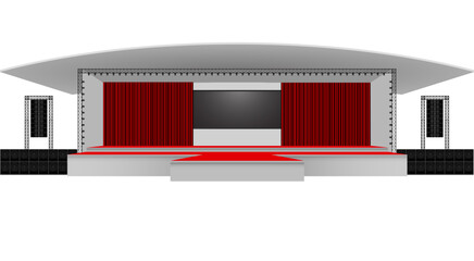 red stage and speaker with led screen on the truss system on the white background