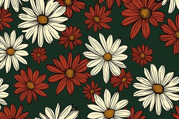 Daisy pattern, hand draw, simple line, green and maroon