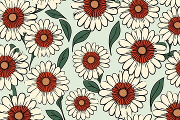 Daisy pattern, hand draw, simple line, green and maroon