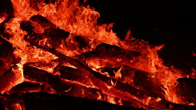 Fire burning on firewood in the dark	
