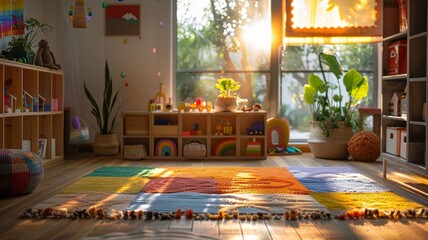 Creative space for children with vibrant rug and interactive play area