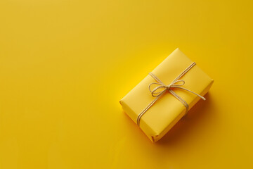 A yellow gift box on yellow background. Copy space