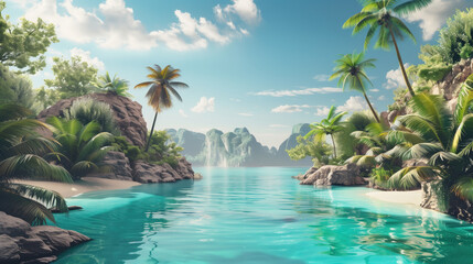 A serene tropical paradise with clear water surrounded by lush palm trees and mountains