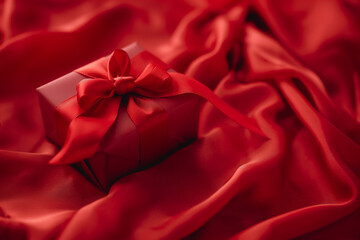 A gift box on a red background. Copy space