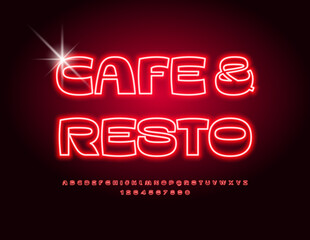 Vector glowing poster Cafe  Resto. Cool Electric Font. Neon Red Alphabet Letters and Numbers.