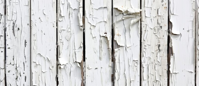 A detailed shot of a white wooden fence showing peeling paint, showcasing the natural beauty of wood and the artistic pattern of the peeling paint