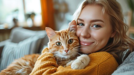 Woman hugging cat on couch in living room