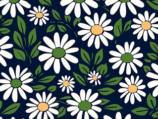 Daisy pattern, hand draw, simple line, green and navy blue