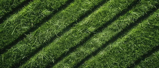 Papier Peint photo Lavable Herbe Top view of a green grass field with line texture in the background. The background texture shows a green meadow, cut from the lawn grass surface