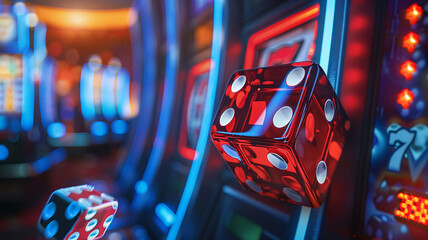 Slot machine reels and dice tumbling with a soft focus