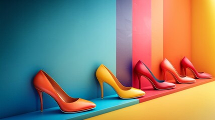 Colorful high heels stand out on a geometric multicolor background