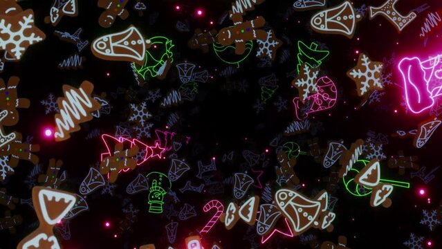 animation of confetti and gingerbread flying on a black background