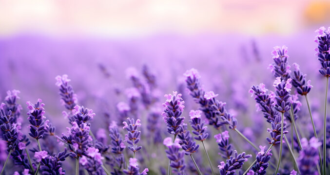 Beautiful image capturing the serene and romantic essence of a purple lavender field bathed in soft evening light, organic natural lavender essential oil aromatherapy banner commercial