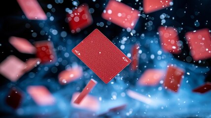 Kinetic shot of red-backed cards in mid-collapse against a blue backdrop