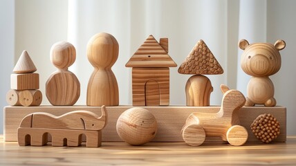 Soft light captures simple wooden toys arrayed against a neutral backdrop